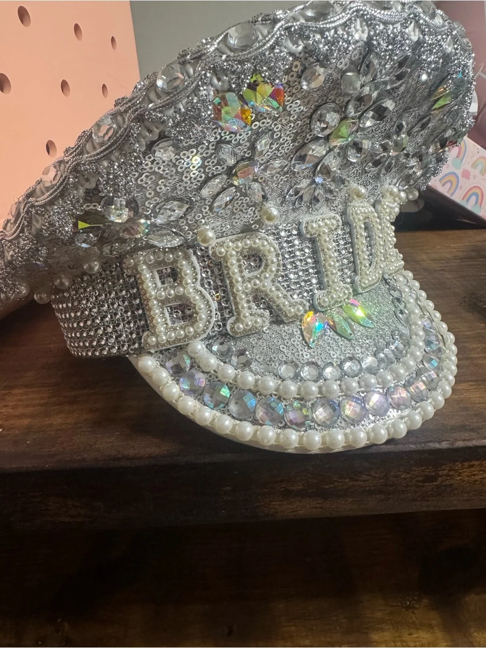 Bridal Embellished Silver Sequin Hat - 'BRIDE' Pearl & Crystal Accent